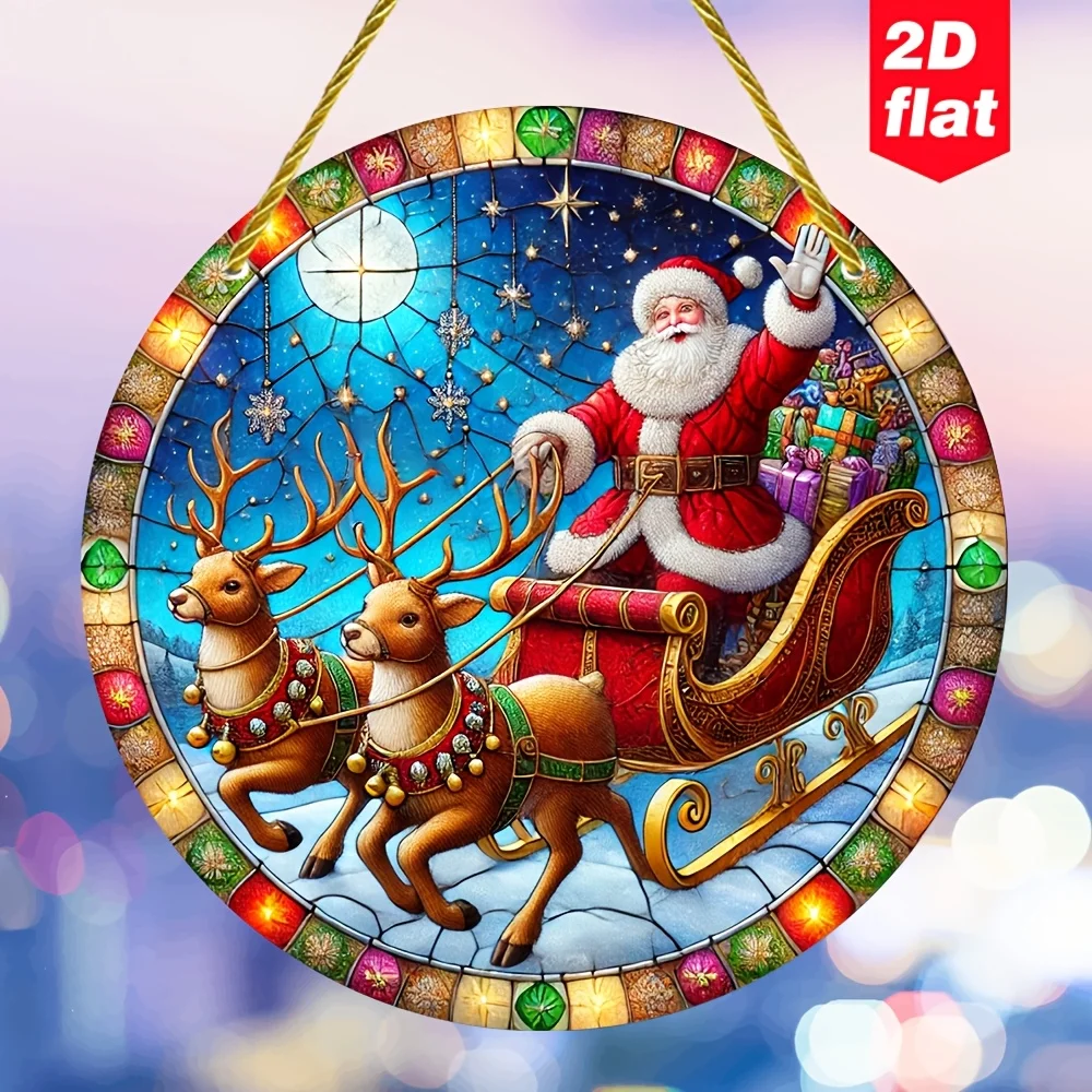 2D-Flachdruck, 1 Stück, Sonnenfänger mit Weihnachtsmann-Thema, Acryl-Hängeschild, dekoratives Schild aus Buntglaskunst, geeignet für Win