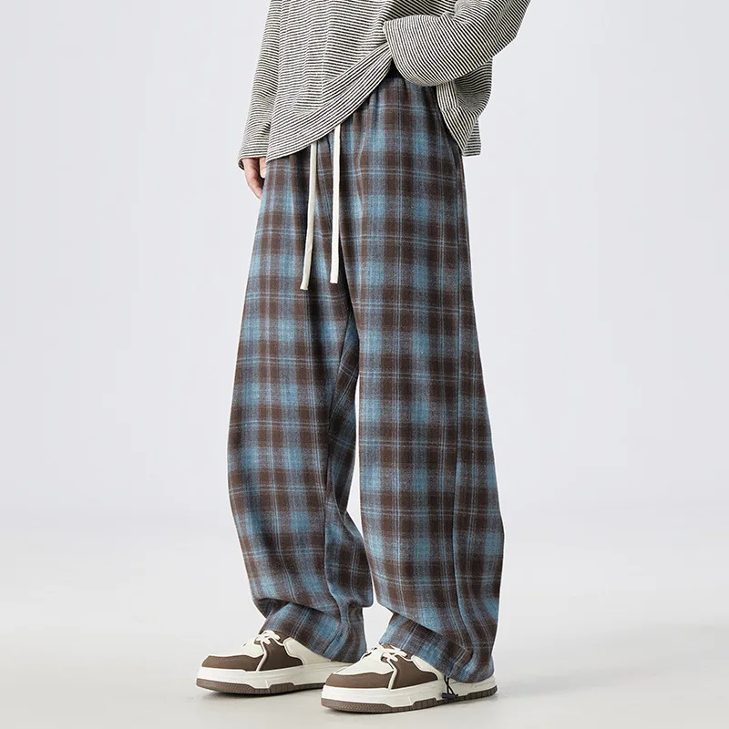 

Повседневные брюки в клетку большого размера, мужские модные брендовые трансграничные винтажные свободные широкие брюки, прямая трубка из полиэфирного волокна, прямые L...