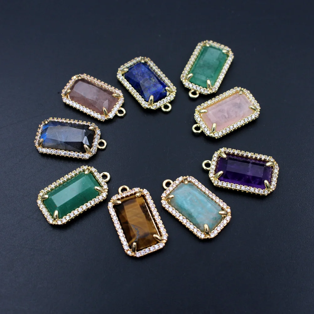 10pcs Cubic Zirconia Rectangle Faceted Natural Amazonite Labradorite Stone Pendant CZ Charms for DIY Jewelry Accessories