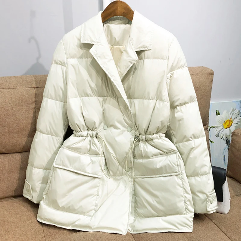 Lagabogy New Winter Women White Duck Down Coat Female Notched Collar Double Breasted Coats Casual Lady Drawstring Puffer Outwear