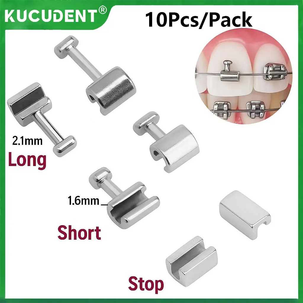 Crochets dentaires orthodontiques à sertir, Type d'arrêt Long et court pour fils d'arc, bretelles en métal, accessoires de dentisterie, matériaux, 10 pièces/paquet