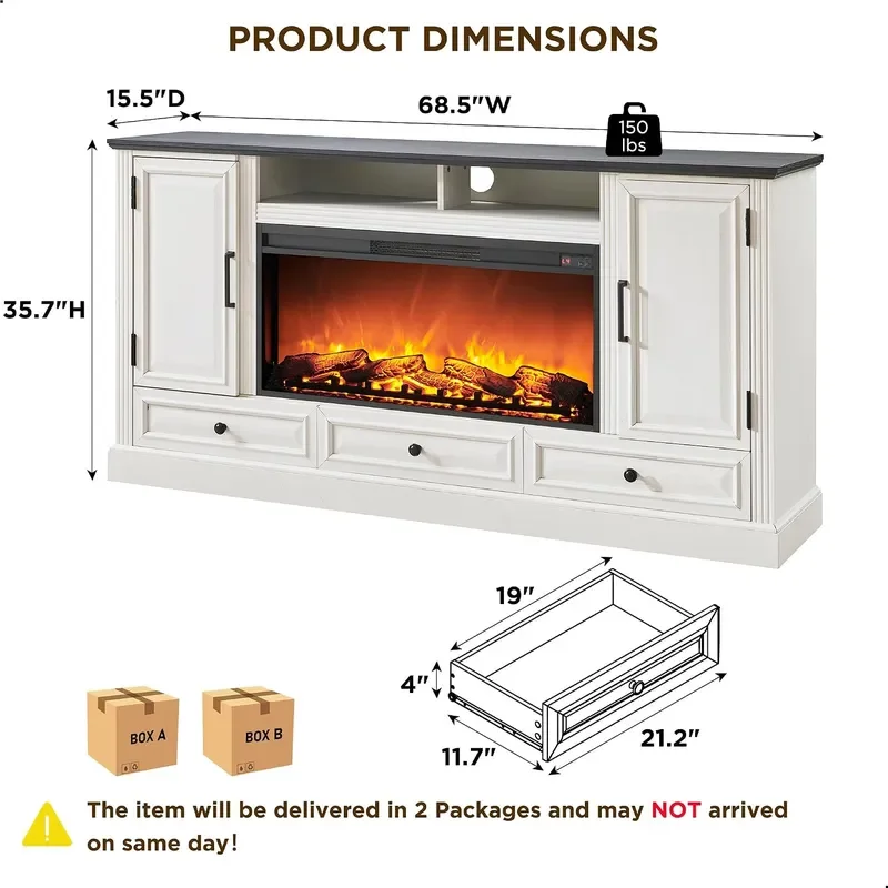 35.7 Tall Farmhouse Fireplace TV Stand for 80 Inch TV Living Room White