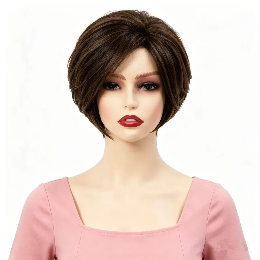 

Short Layered Brown Synthetic Wigs for Women Side Part Heat Resistant Fiber Wig Natural Looking Daily Wear Wig for Older Ladies
