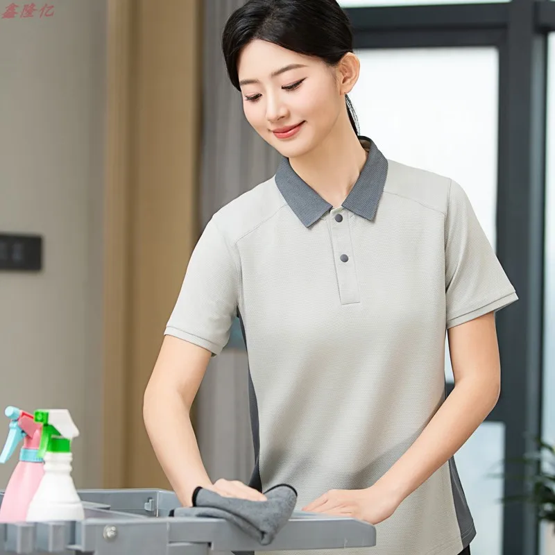 Hotel Guest Room Cleaner Work Uniform Thin Short Sleeve Housekeeping Property Summer Breathable Turn-down Collar Cleaning Unifor