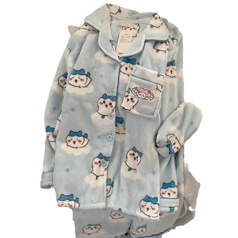 Пижамы Hachiware с героями мультфильмов для девочек, зимние бархатные утолщенные теплые милые пижамные комплекты Usagi, домашняя одежда Hello Kitty, 2 шт.