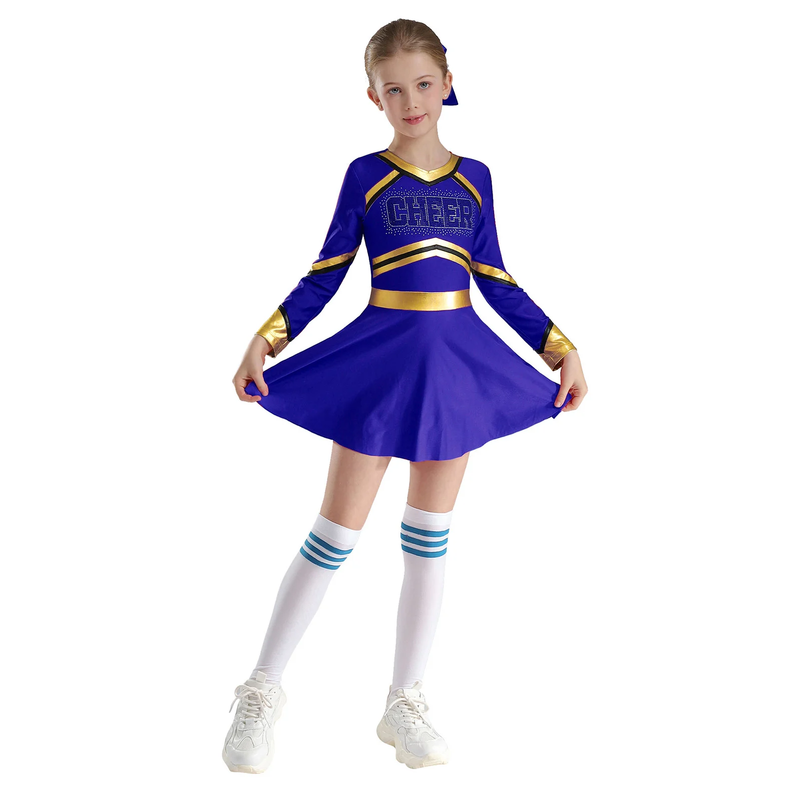 Kids Girls Cheerleading Outfit Shiny Rhinestones Letter Contrast Color Long Sleeve Dress+Bowknot Hair Band+Flower Balls+Socks