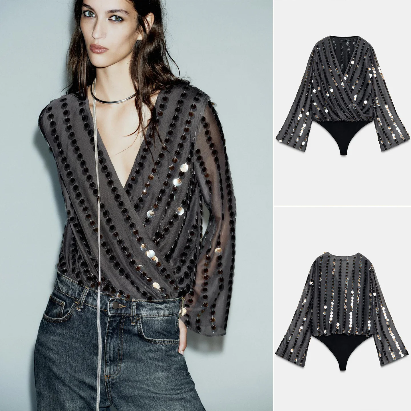 

Winter New Women's Commuter Sle V-Ne Double Breasted Long Sve Bead Decorated One-Piece Top High Waist ort Pants