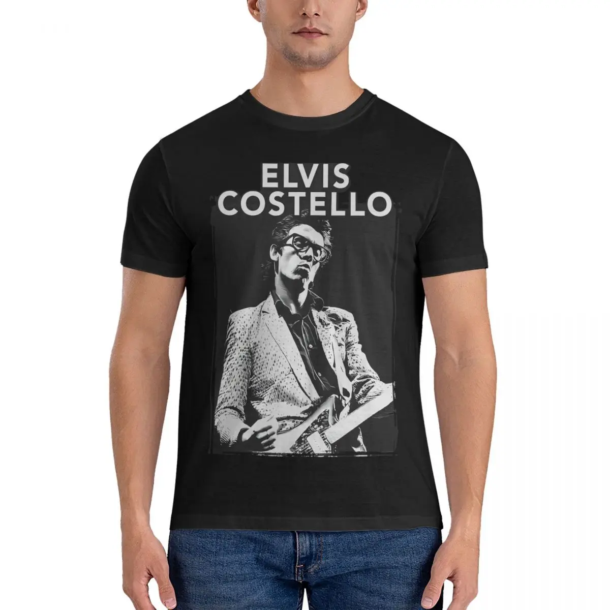 

Pop Star T-Shirts for Men E-Elvis Costello Novelty Tees Short Sleeve T Shirts Printing Clothing