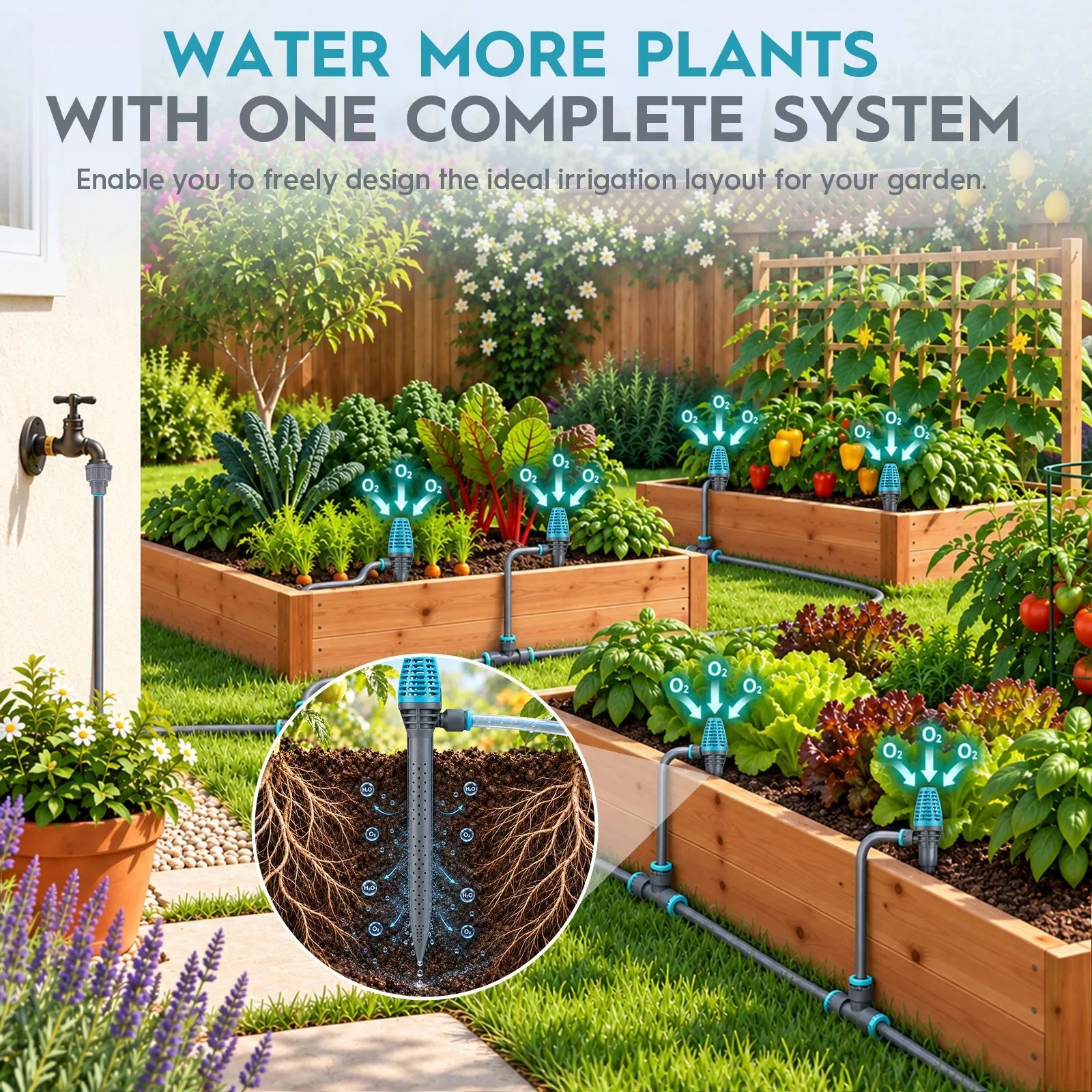 Deep Root Drip Irrigation Stake Kit, 2.3-4.8L/H, DIY Auto Root Watering & Aeration for Garden, Raised Bed, Pot