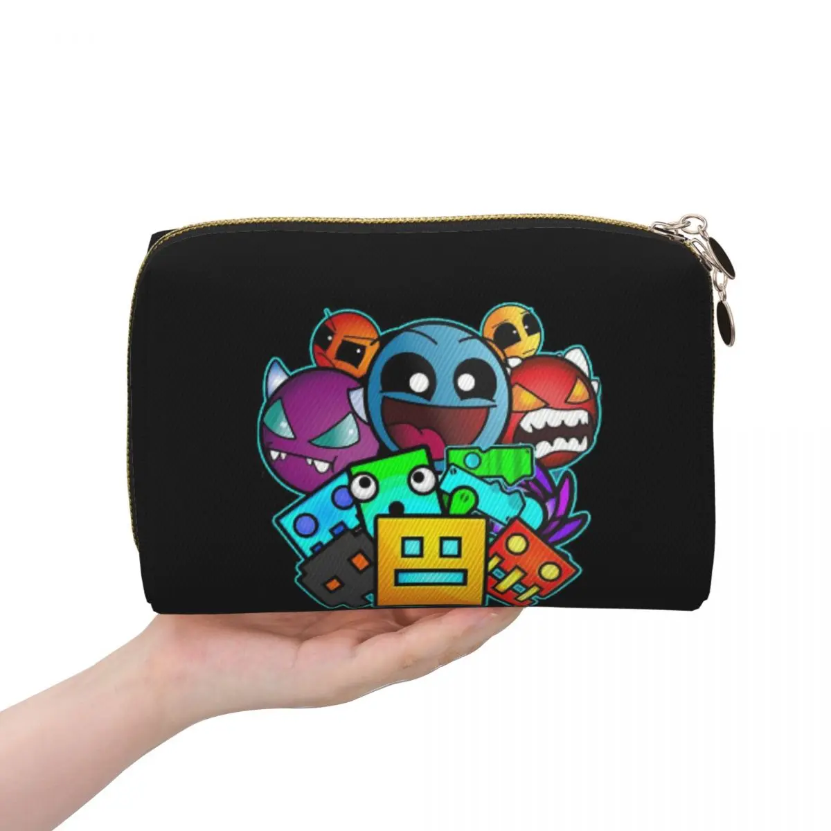Geometry Dash Game Music Cute Geometric Women Cosmetic Bag Travel Makeup Organizer Pouch Toiletry Storage Dopp Kit Box