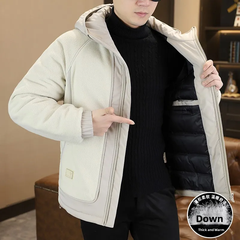 

2026 Winter New Men's Thickened Warmth Hat Jacket Mosaic Design Casual Style Polyester Fiber down Jacket Coat
