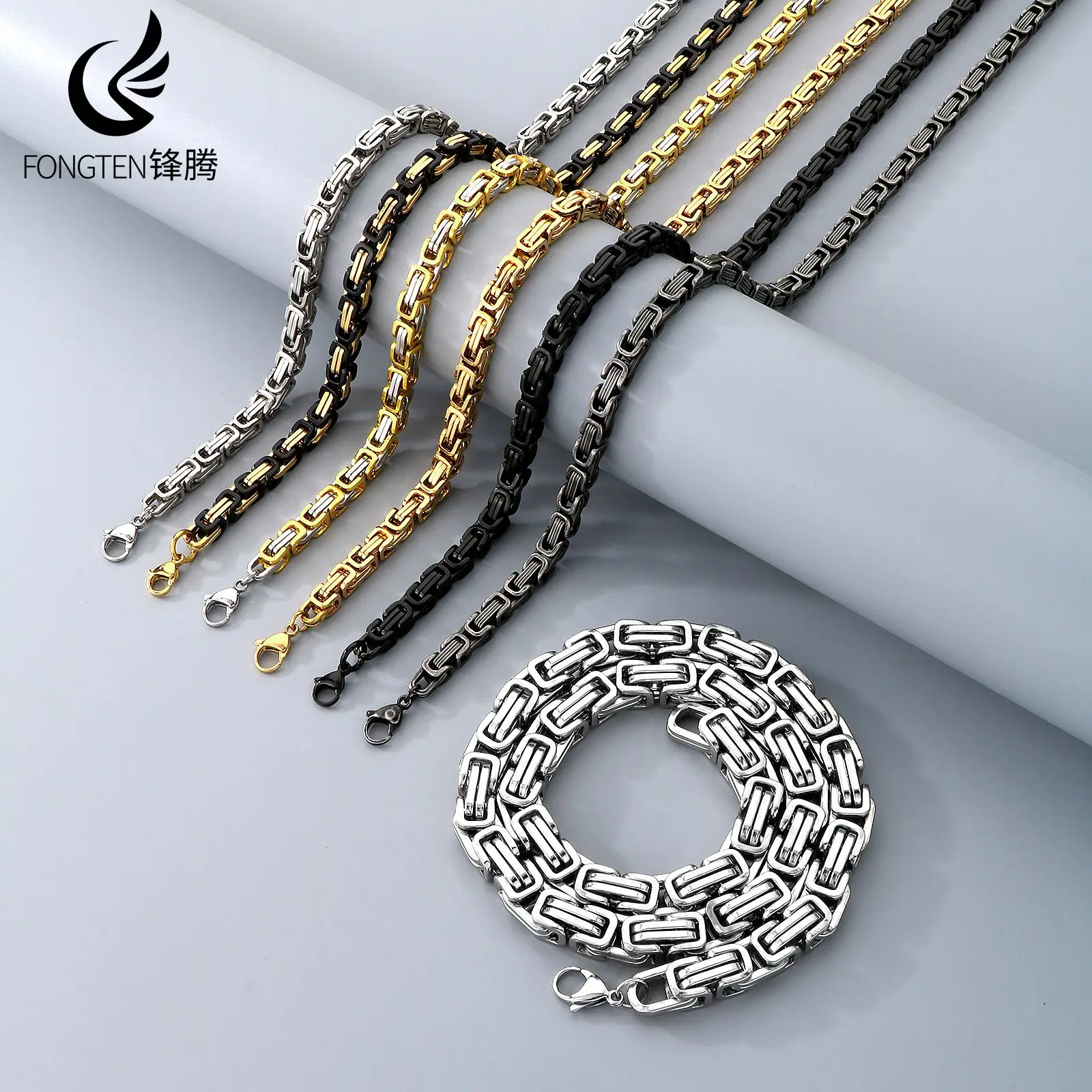 Fongten Multi specification Emperor Chain Men's Necklace Stainless Steel Square Buckle Byzantine Chain Fashion Jewelry Gifts