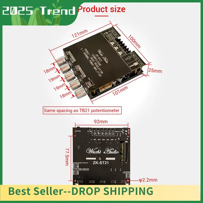 

Top Deals ZK-ST21 Bluetooth Power Amplifier Board 2.1 Channel 2X100w+200W Subwoofer TPA3221 Digital Amplifier Module With Case R