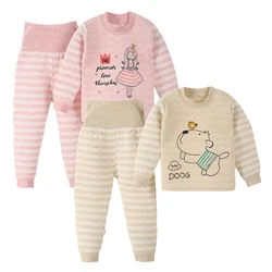 Winter Thick Cotton Pajama Tops+Pants 2-piece Set Thermal Underwear Cartoon Print Kids Boys Girls Baby Sleepwear Suit Clothing