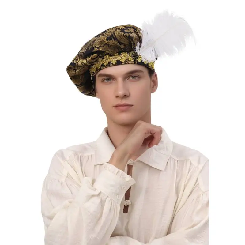 DAZCOS Gorra Medieval Tudor para Hombre con Pluma, Sombrero Renacentista, Gorro de Hombre, Disfraz de Bardo, Accesorio para la Cabeza