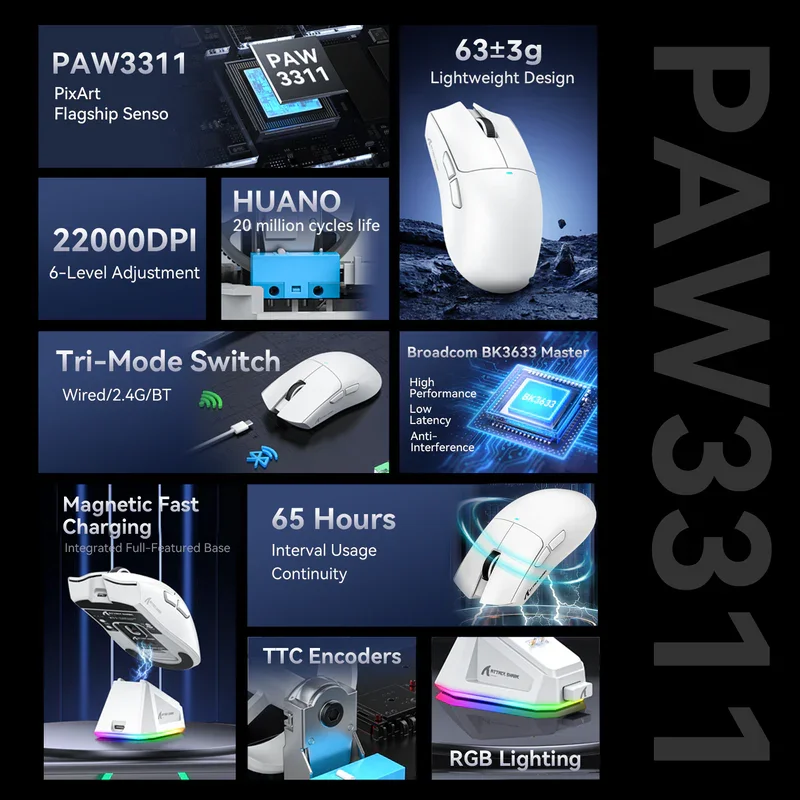 Angriff Hai x11 Gaming-Maus magnetisches Ladedock Pixart Paw3311 Gaming-Sensor 2,4 dpi BT/g drahtlose/kabel gebundene Gaming-Maus