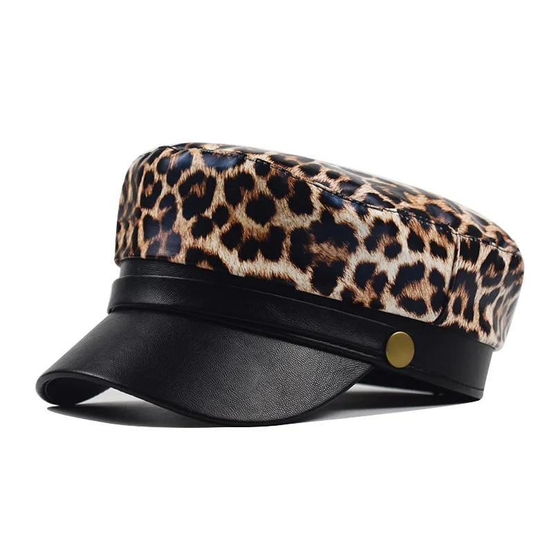 

Leopard Print Beret Leather Lace Octagonal Versatile PU Military Autumn Winter Outdoor Wig Hat
