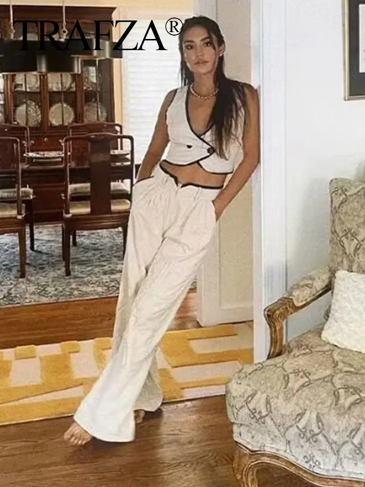 TRAFZA 2024 Summer Women Fashion Pants Set White V Neck Contrasting Short Vest Top + Loose Female Wide Leg Long Pant Streetwear