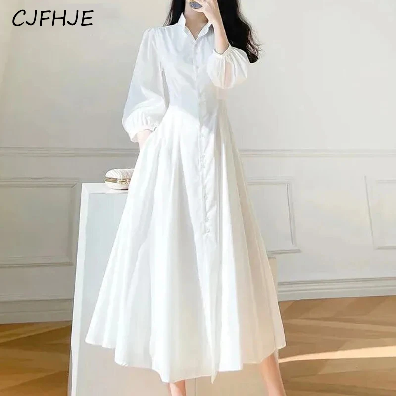 

CJFHJE Women White Elegant High Waist Single Breasted Shirt Dress Fashion Pleated Long Sleeve Pockets Slim Party Dresses Vestido