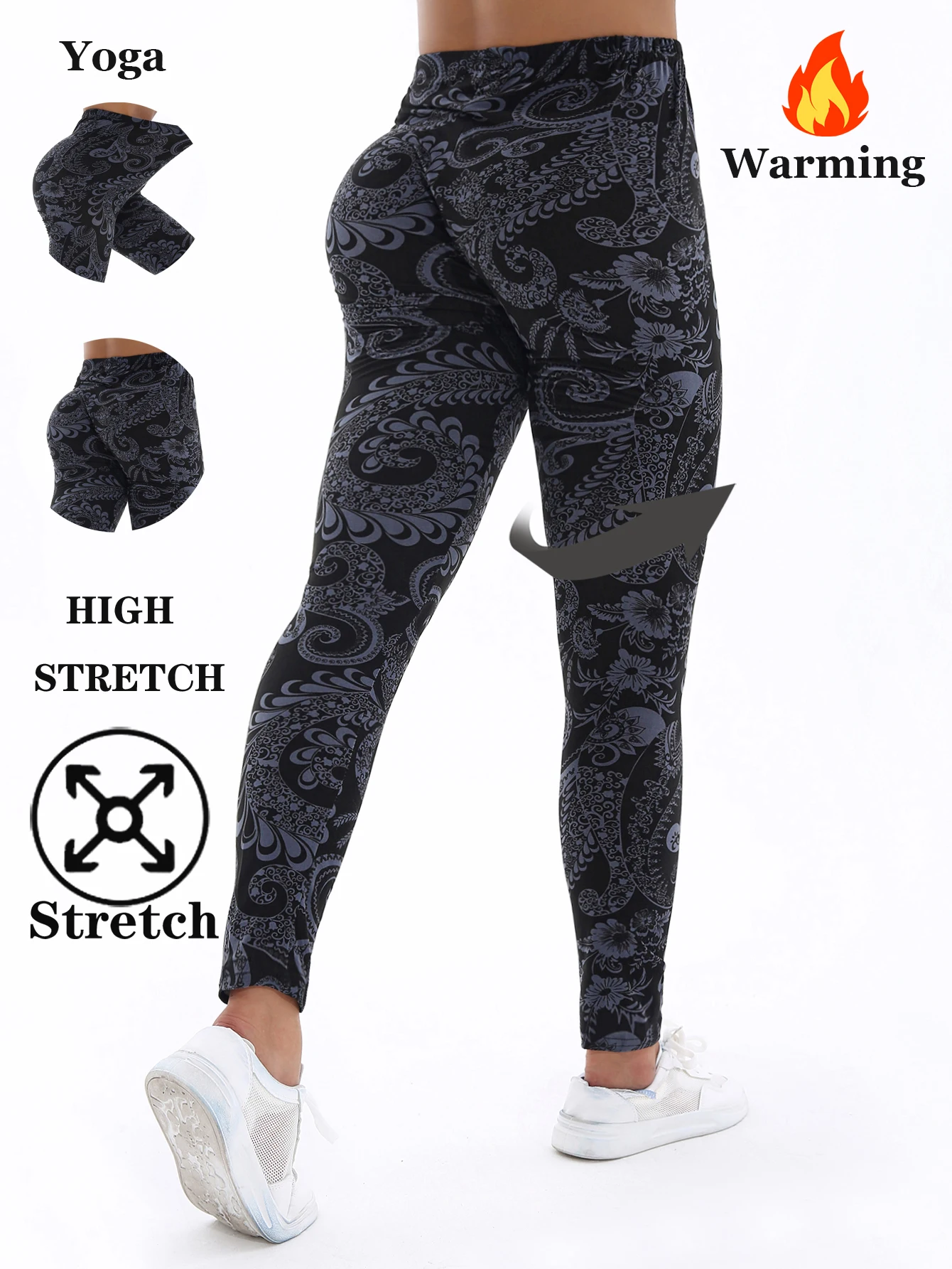 Autumn Winter 1PACK Women's Black Bottom Flower Vine and Velvet Thick Tight Legging Casual Sports Elegant Yoga Pants