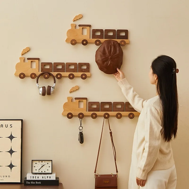 Small train hook cartoon children's room decoration hanger all solid wood entrance creative door back coat rack free of punching