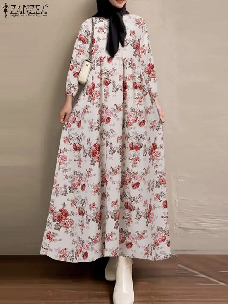 

ZANZEA Floral Muslim Dress Islamic Clothing Elegant Abayas For Women Printed Sundress Causal Long Sleeve Vestidos Oversize Robe