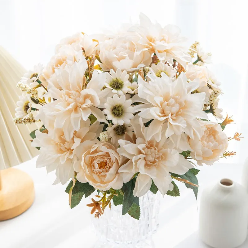 10 Stück Künstliche Blumen aus Seide, Dahlien, Rosen, Gänseblümchen, Dekoration für Zuhause, Vase, Garten, Hochzeit, Brautsträuße, Partys, Fotorequisiten – Detail 2