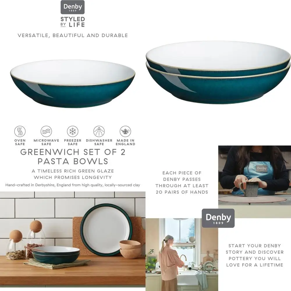 

2-Piece Pasta Bowls Set - 1050ml, 22cm, Dishwasher, Oven, Microwave, Freezer Safe - Green and White Stoneware Tableware - Durabl