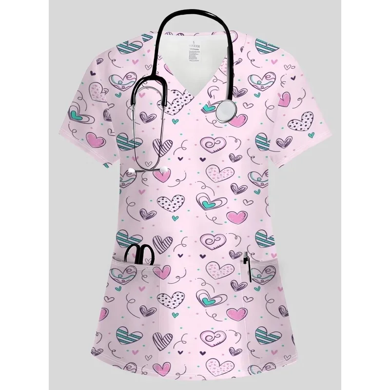 Elegant Print for WomenVShort-sleeved medical uniform Breathable and comfortable dental beauty salon workwearTShirt