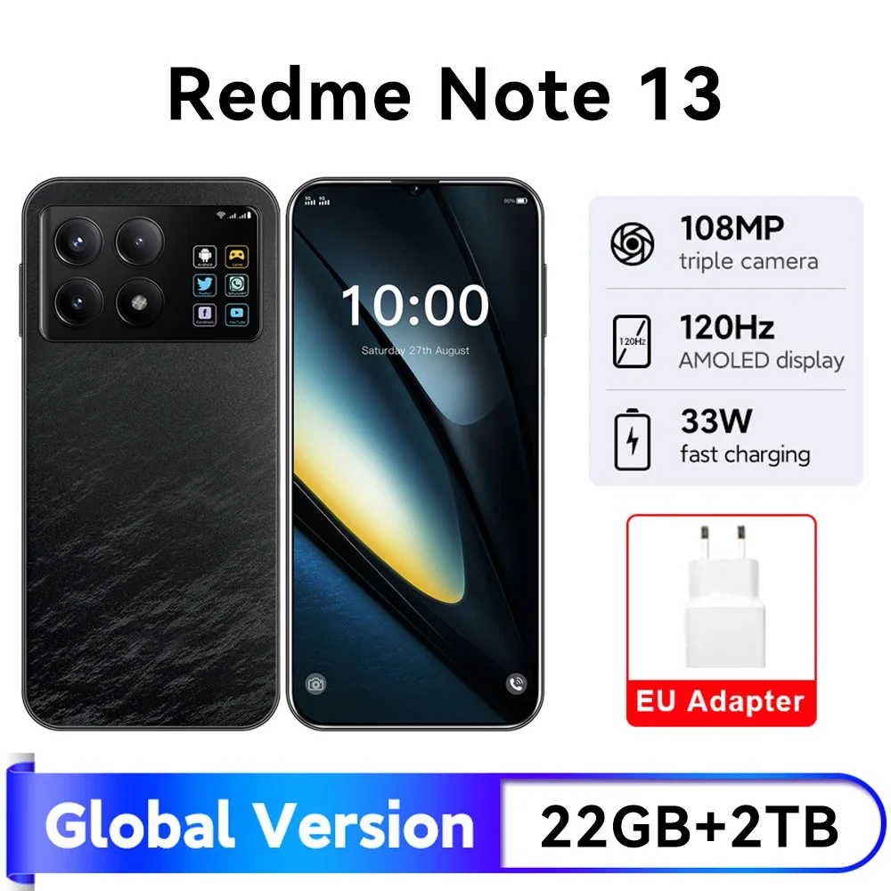 Ponsel pintar Redme Note 13 Global baru 7.3 layar HD 22G + 2TB 8000mAh Android 14 Celulare Sim ganda 5G Buka kunci dengan wajah