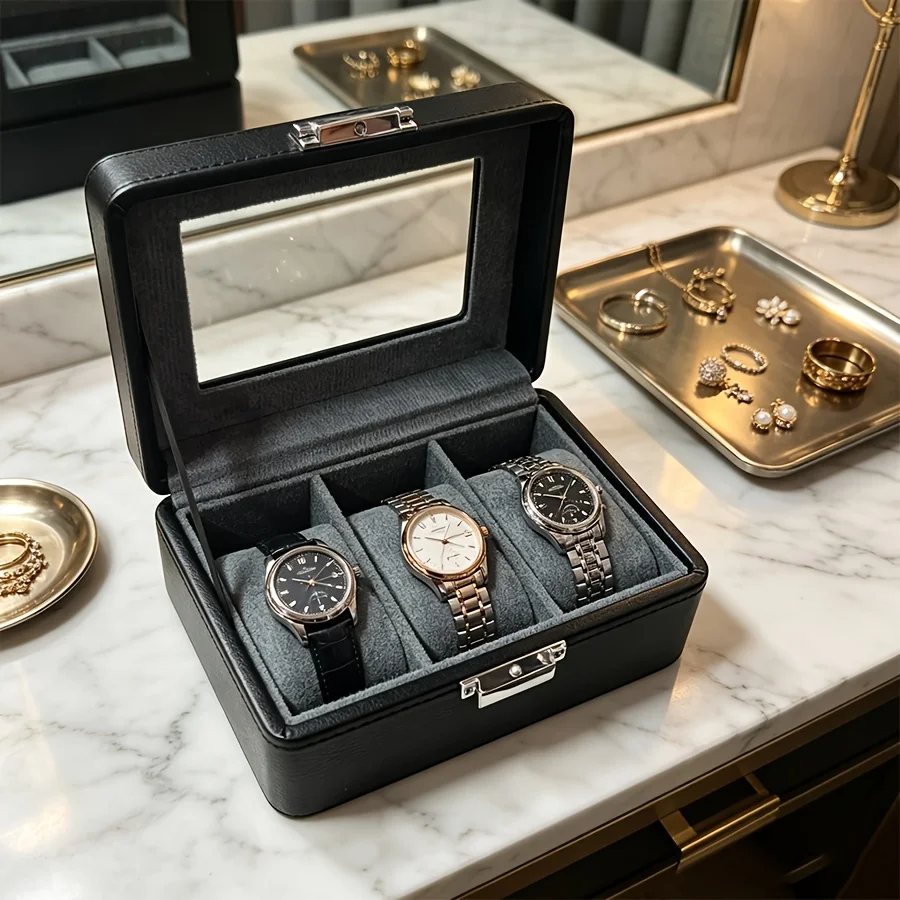 2Pcs Watch Box Set, 3 Slot Leather Watch Display Case with Clear Window + Clear Bracelet Organizer Box