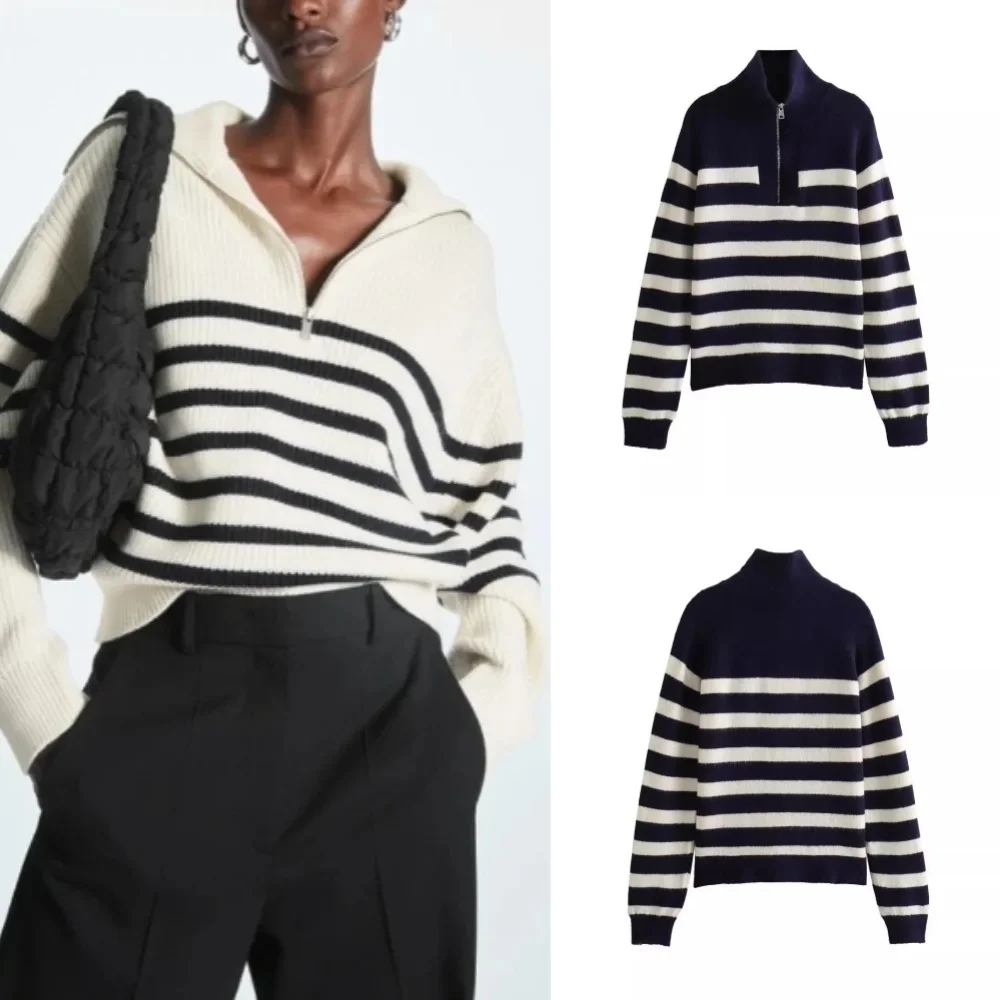 

Autumn Winter Fashion Striped Zippered Lapel Long Sleeve Loose Casual Knitted Sweater for Women