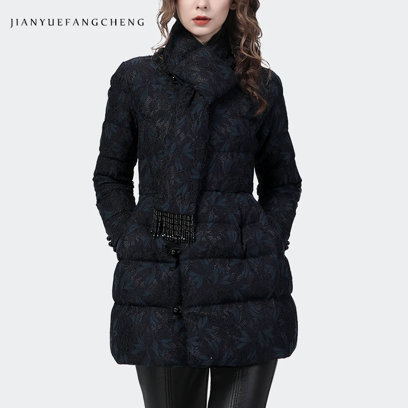 Super Thick Long Parkas Women Winter Cold-Proof Lace Down Jacket With Scarf Warm Lightweight White Duck Down Padded Coat