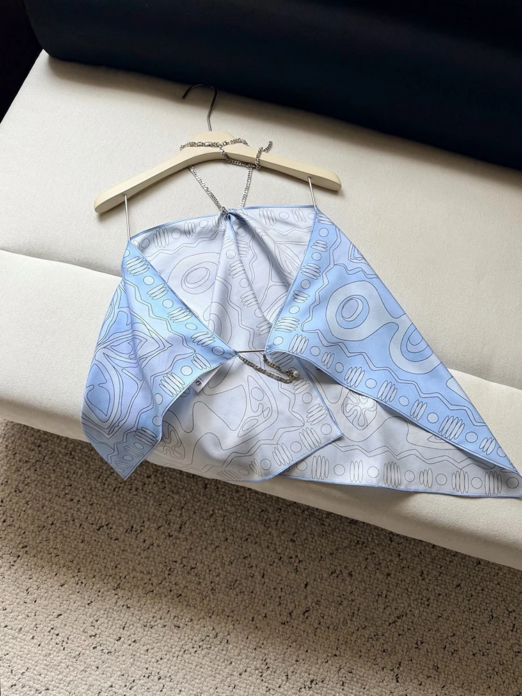 Summer Fashion Casual Resort Geometric Print Sexy Backless Silk Tops Women's Metal Chain Hang One's Neck Lace-Up Top