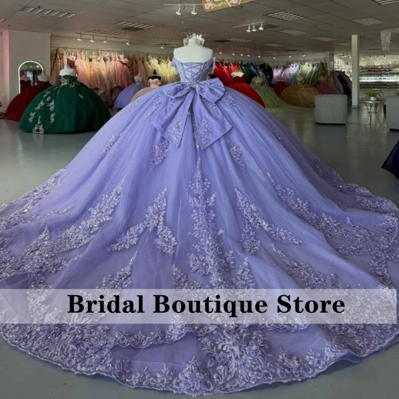 Lavender Shiny Quinceanera Off Shoulder Ball Gown Sweet Applique Lace Bow Beading Tull Birthday Party Vestidos Customized