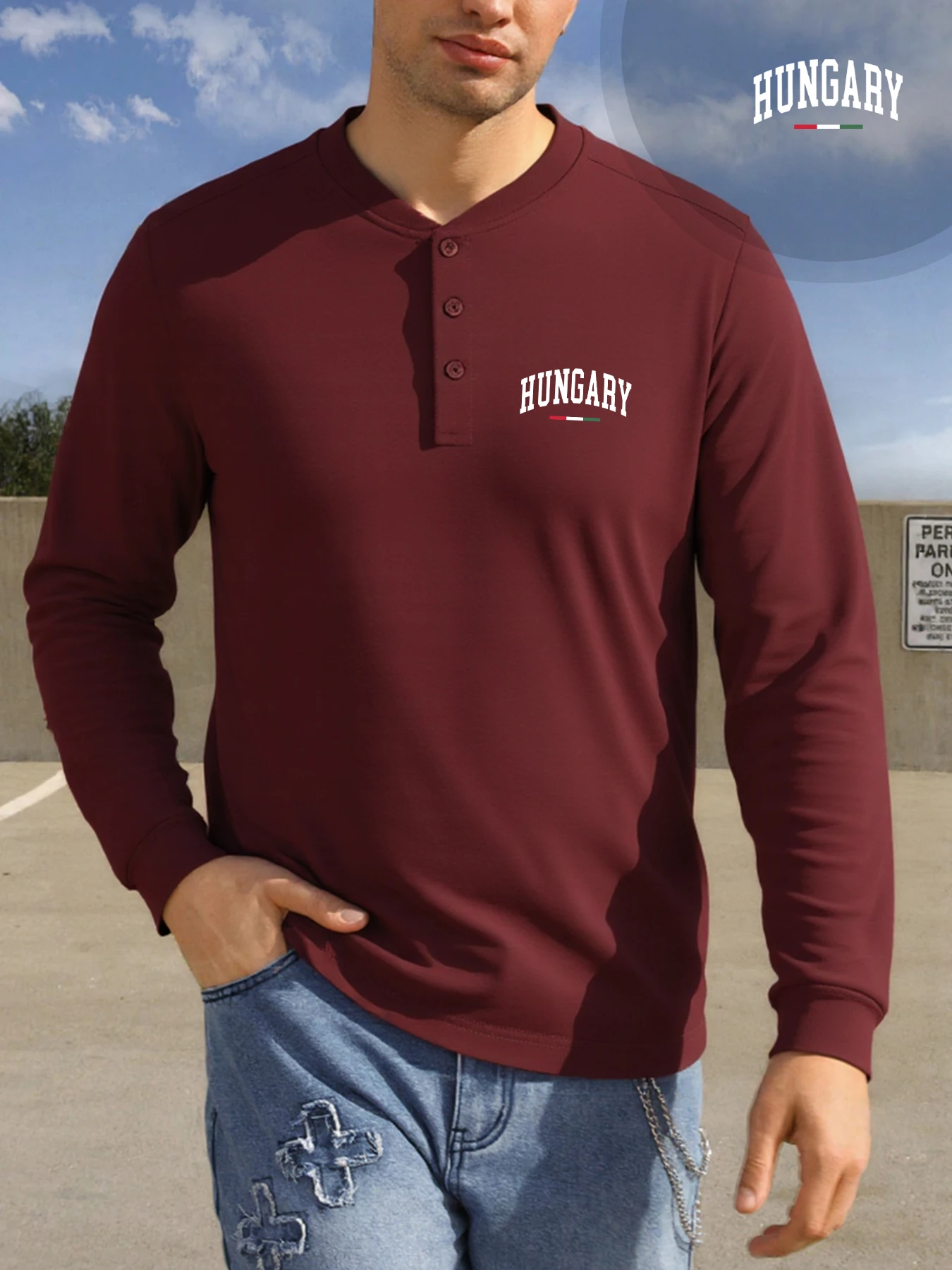 المجر أحمر أبيض أخضر المشارب المطبوعة الرجال هينلي الرقبة المحملة زر ريترو أعلى ملابس كاجوال للجنسين لينة كل مباراة طويلة الأكمام