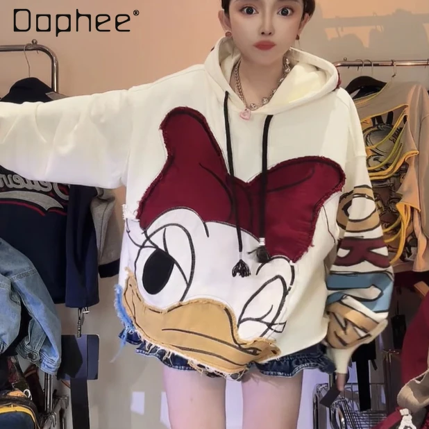 

Spring Autumn Heavy Patchwork Hoodie Sweatshirt Loose Versatile Youthful Trendy Cartoon Duck Hoodies Women