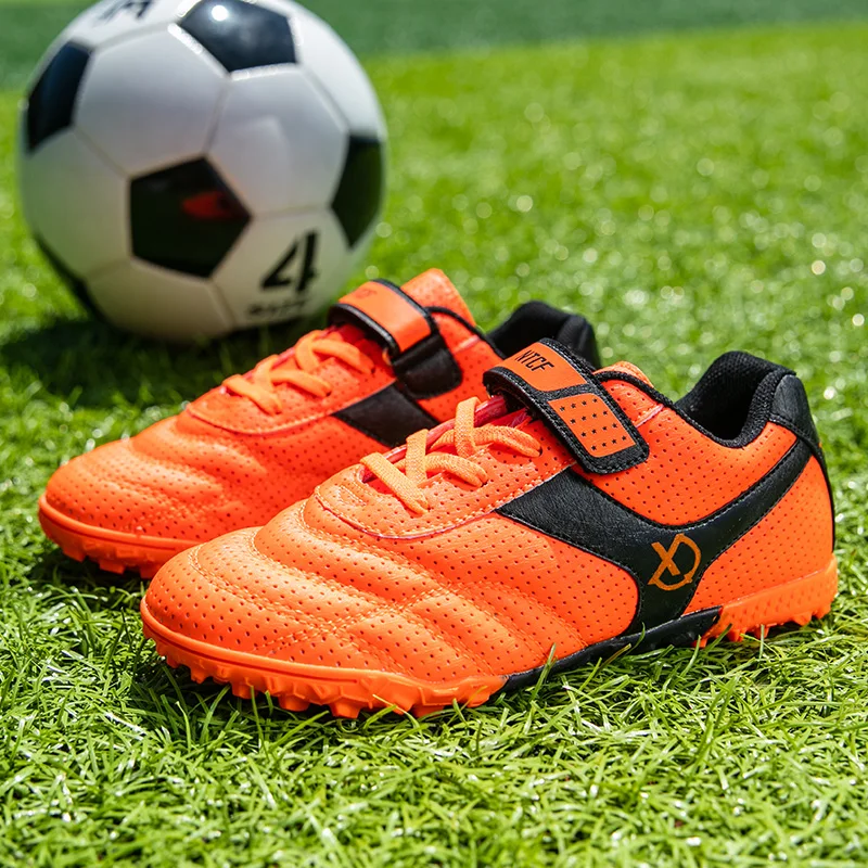 

Design Orange Children Football Sneakers Size 27-38 lndoor Turf Soccer Shoes Kids Hook-loop Professional Futsal Training Shoes