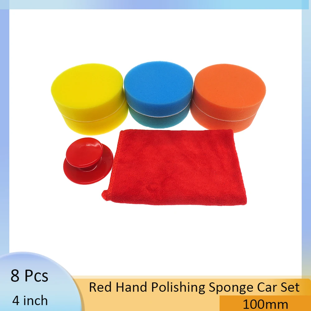 8Pcs Hand Polishing Sponge Car Set, 4 Inch Wax Applicator Pad Polish Sponge Handle and Towel for Car Polishing, Waxing, Car Care