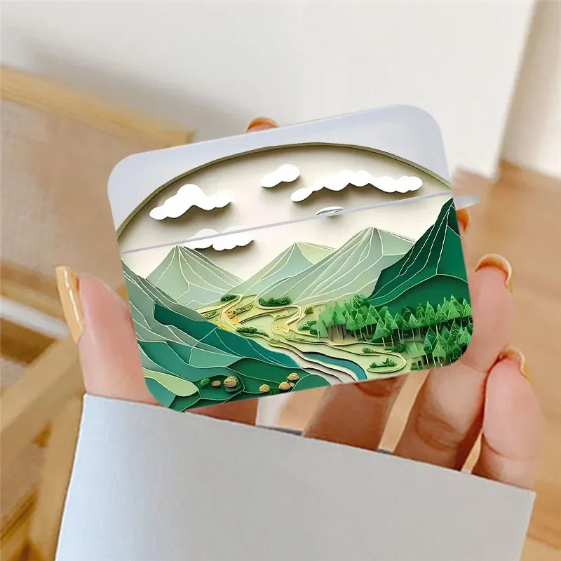 Luxury 2D Pattern Landscape Art Clear Earphone Case for Airpods 1 2 3 Pro Soft Square Wireless Headphone Cover for Air Pod 3 Bag