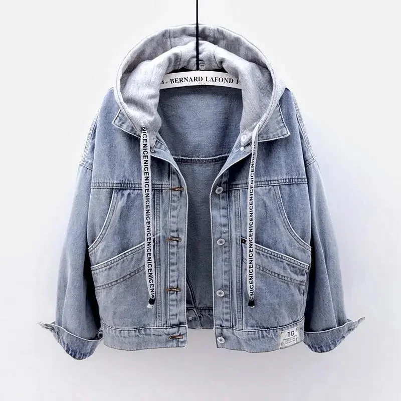 Blue Hooded Turn-down Collar Denim Jacket Women Loose Button Patchwork Outwear Jean Coat Female