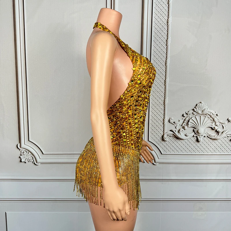 Golden Rhinestone Sexy Bodysuit Women Gogo Show Dancer Clothes Nightclub Bar Stage Wear Backless Halter Jumsuit Rave Outfit  yk