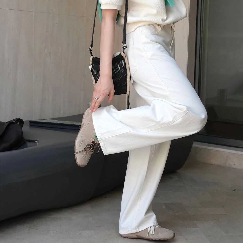 2024 Women Autumn Wide Leg White Denim Pants High Waist Cotton Stright Pants Fashion Clothes Pants Female Trousers