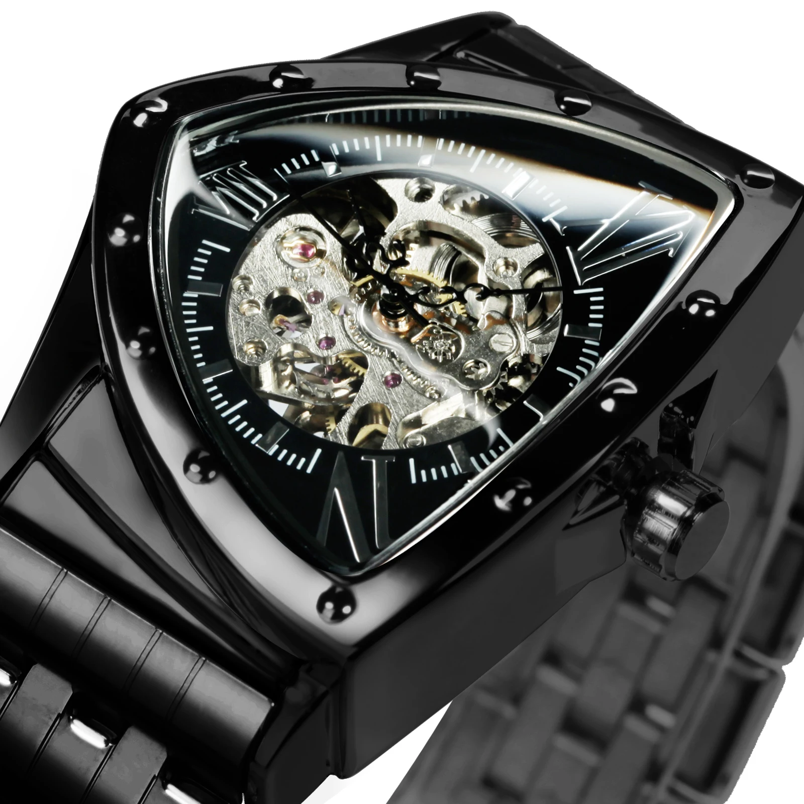 

WINNER Sports Mens Mechanical Wristwatches Military Triangle Skeleton Automatic Watch for Men Luxury Stainless Steel Strap Clock