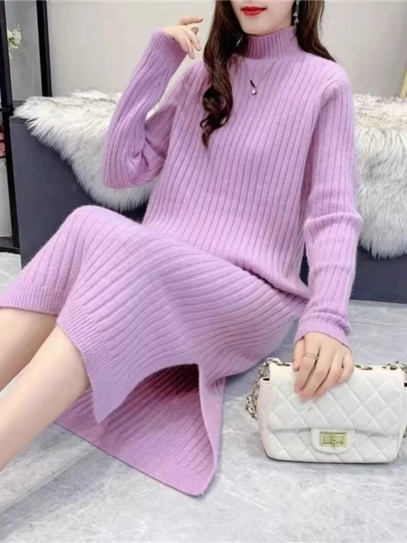 Jesienno-zimowa nowa sukienka z grubego dzianiny dla kobiet Luźna średnia do długa sukienka z półwysokim kołnierzem W311