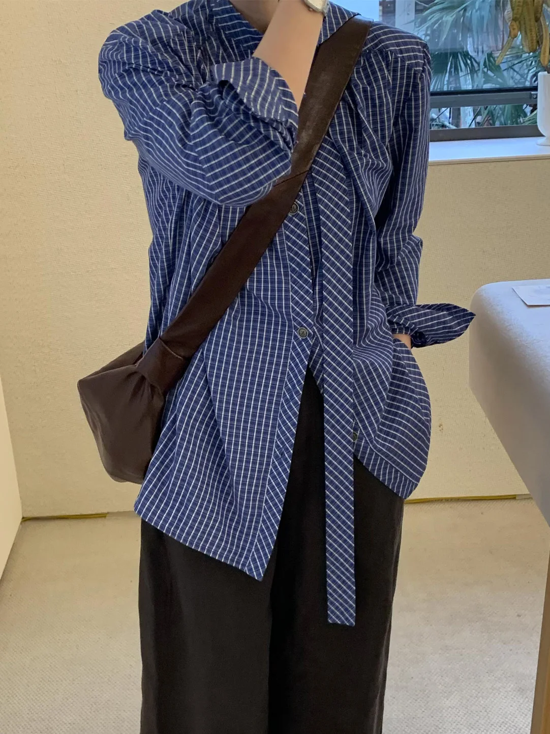 

Blue Plaid Long Sleeve Women's Casual Shirt Fashionable Bow Design Loose Versatile 2026 New Style Commute Korean Version Poly...