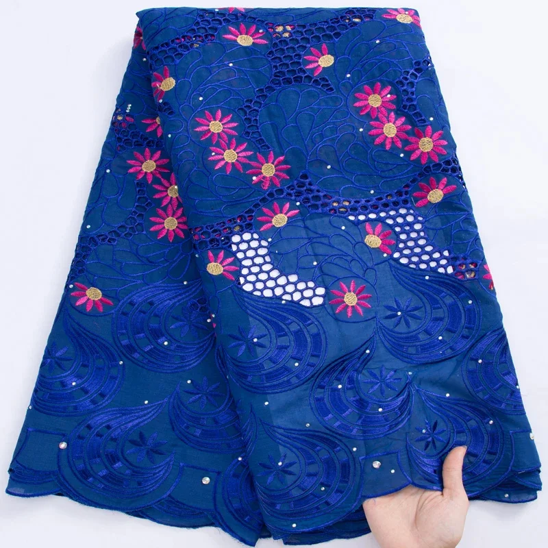 SJD LACE Swiss Cotton Lace Fabric with Stones 2024 High Quality 5Yards African Dry Lace Fabric for Women Party Dresses Sew A3279