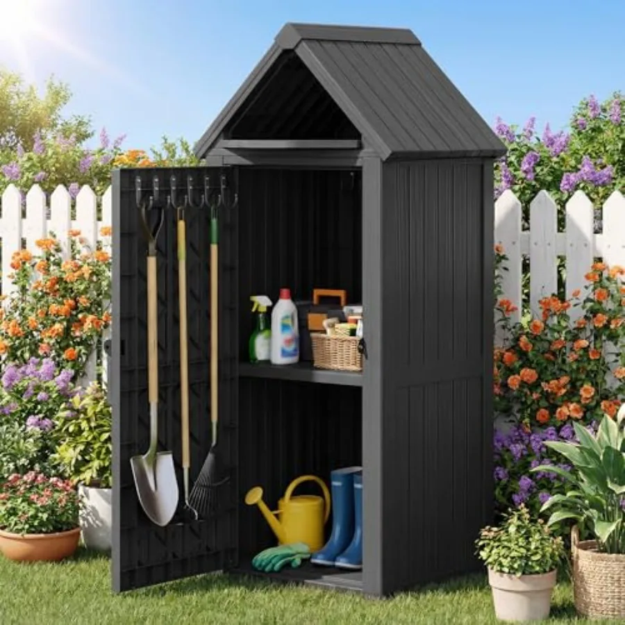 

Vertical Outdoor Storage Shed, Waterof Resin Outdoor Storage Cabinet wi Removable Shelves and 12 Hoo, Loable Small Shed for Gar