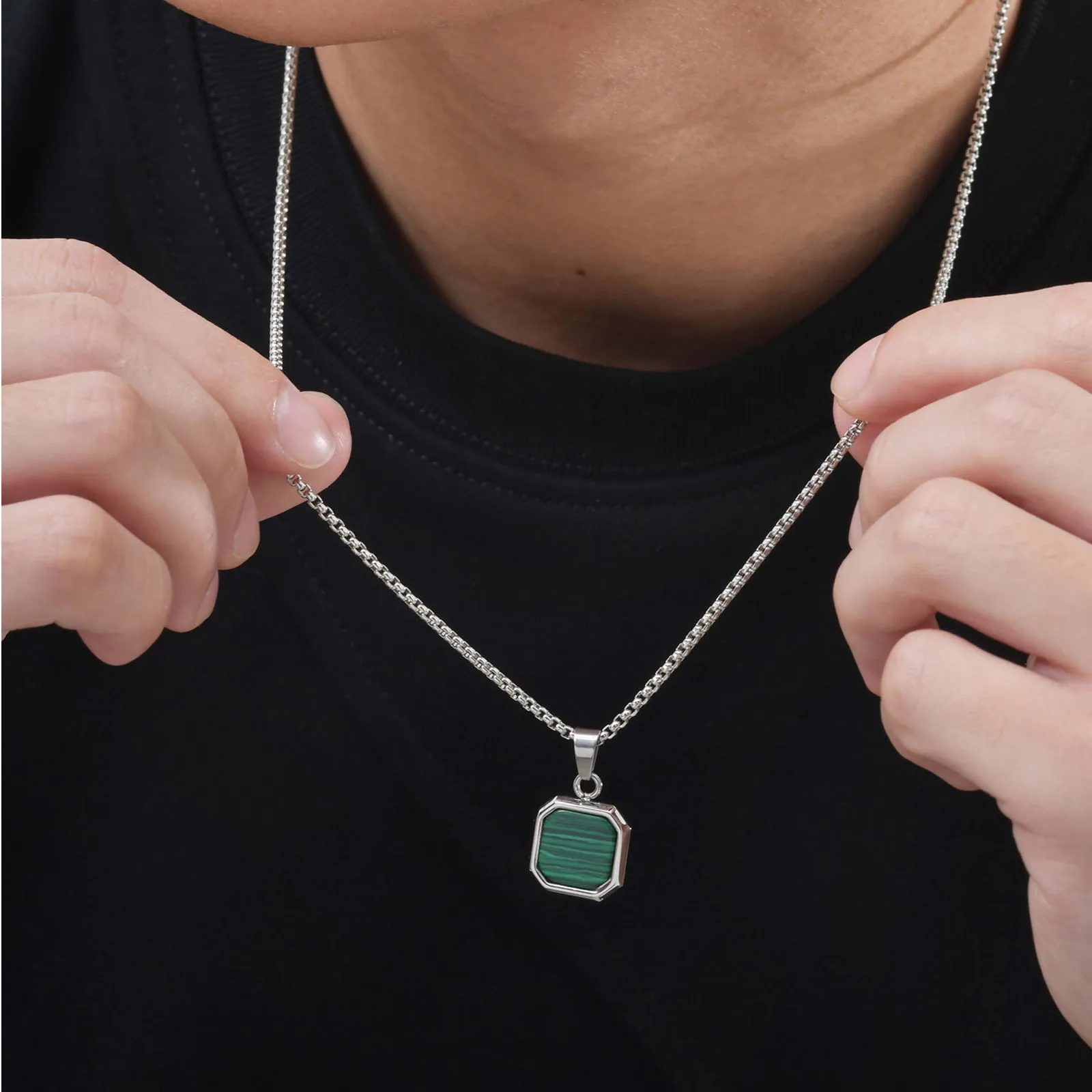 Watermelon Color Pendant Necklace for Men Boys,Green Square Round Stainless Steel Necklace,Stylish Jewelry Gifts to Husband Dad - Image 2