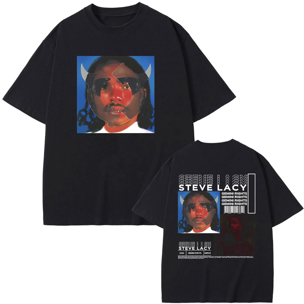 Moda męska Vintage Tees Rapper Steve Lacy Gemini Rights Album Cover Collar Double Sided Print Male Hip Hop Oversized Tshirt